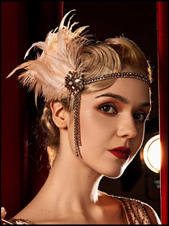 Vintage 1920s Flapper Headband Rhinestone Pearl Feather Hair Accessory Gatsby main image 7